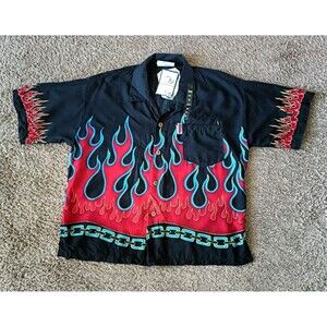 Vintage Uluwatu Hawaiian Button Down Shirt Kids Size 12 Black Flame Graphic...